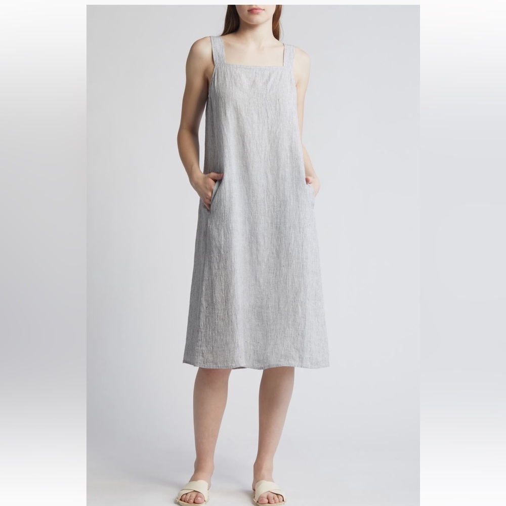 Eileen Fisher Square Neck Organic Linen Midi Shift Dress in White/Black size S